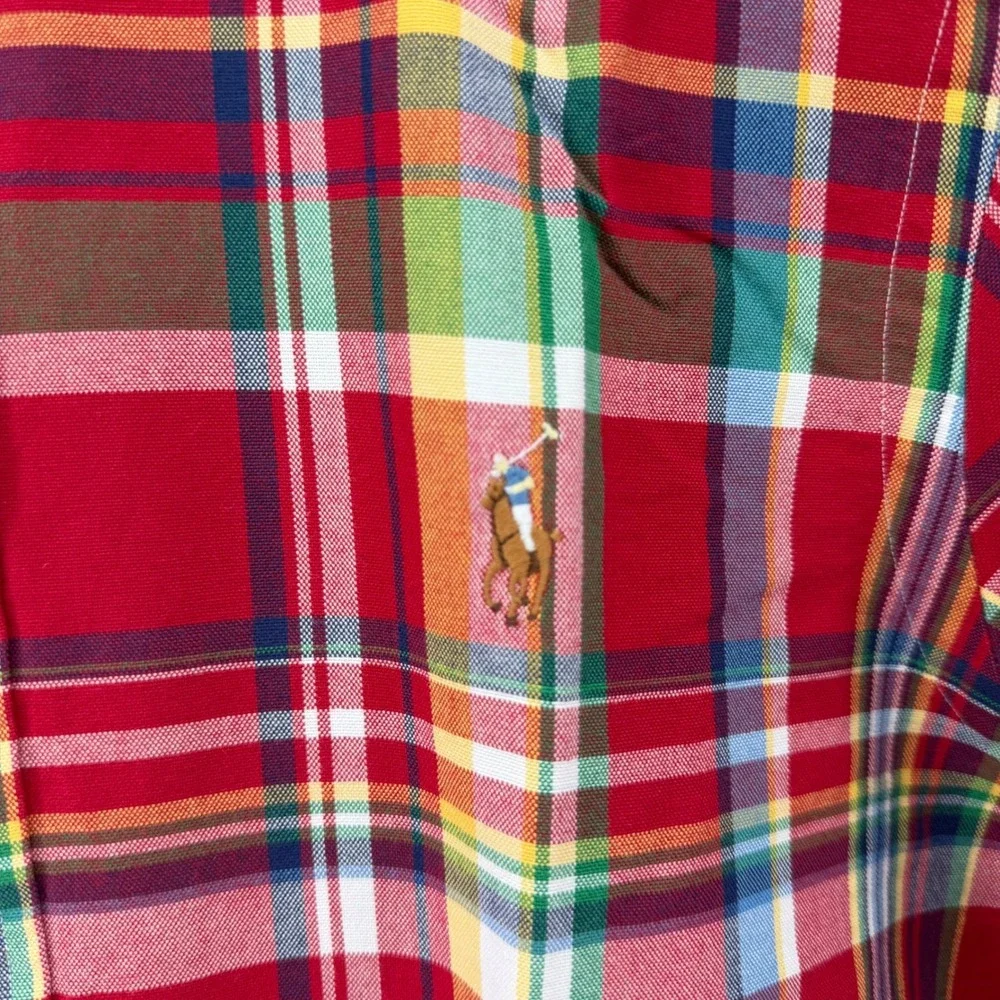 Polo Ralph Lauren Button Down Mens L Red Plaid Slim Fit Madras Long Sleeve Shirt